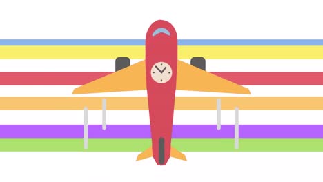 Animation-Eines-Flugzeugs-Mit-Uhr-Auf-Buntem-Streifenhintergrund