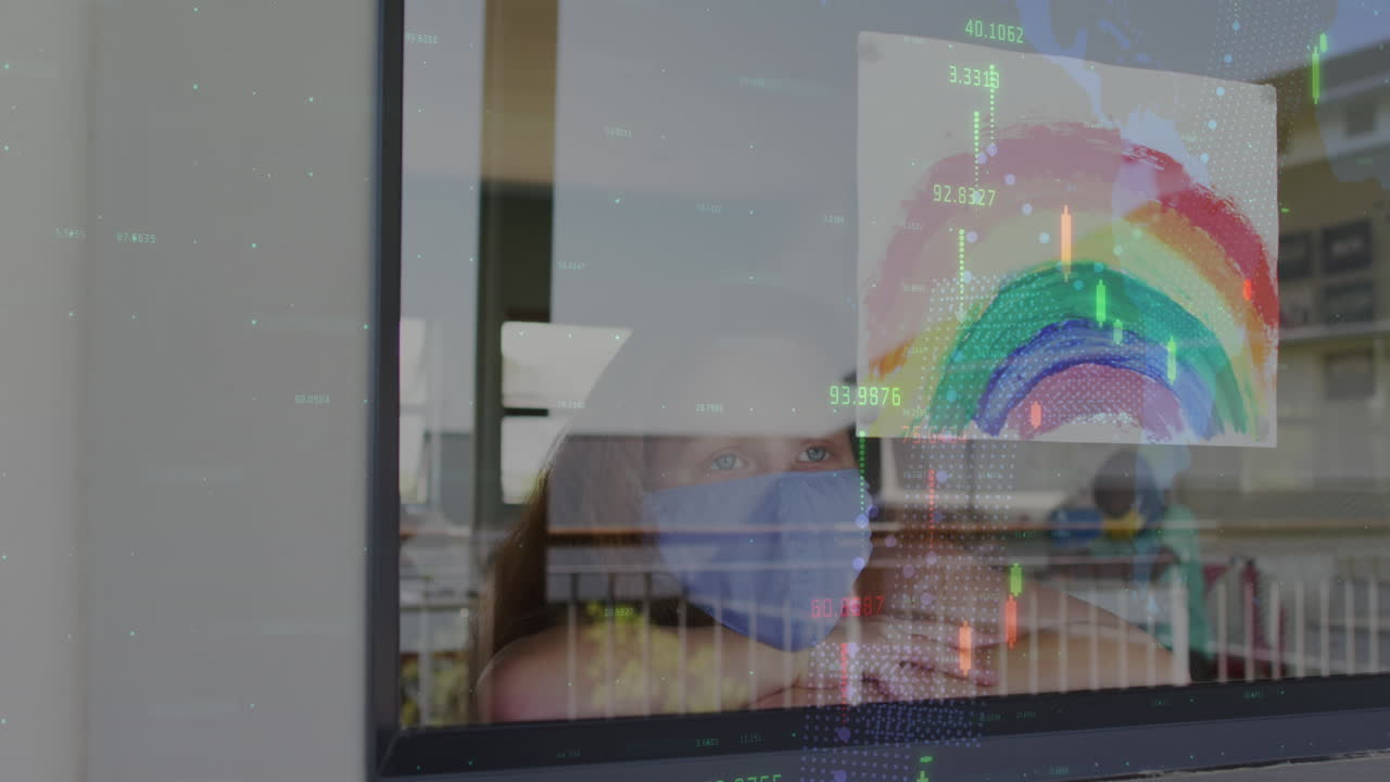 Animation of statistics and girl in face mask by window with rainbow drawing
