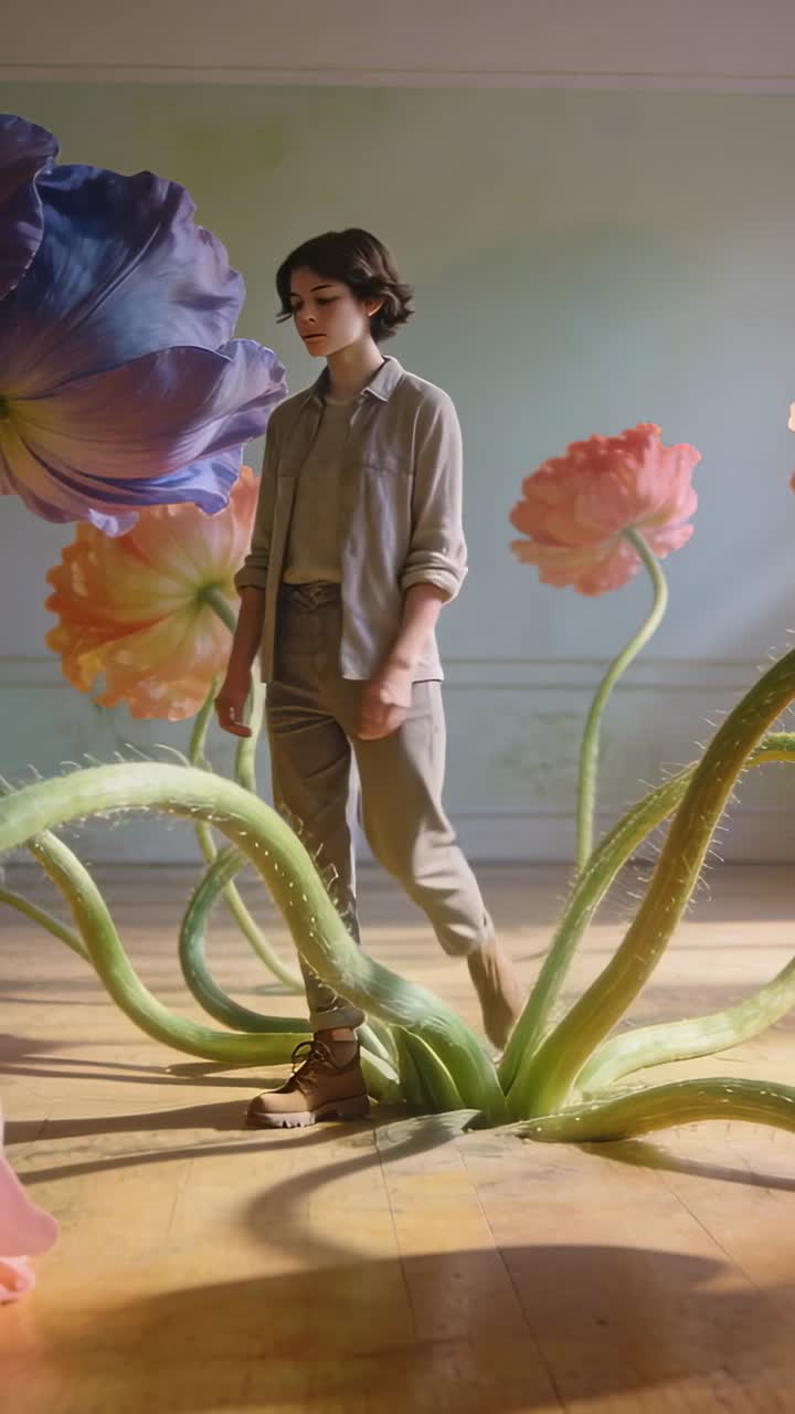 Vertical video: Weight shifting, woman in shirt boots navigating huge stems in studio