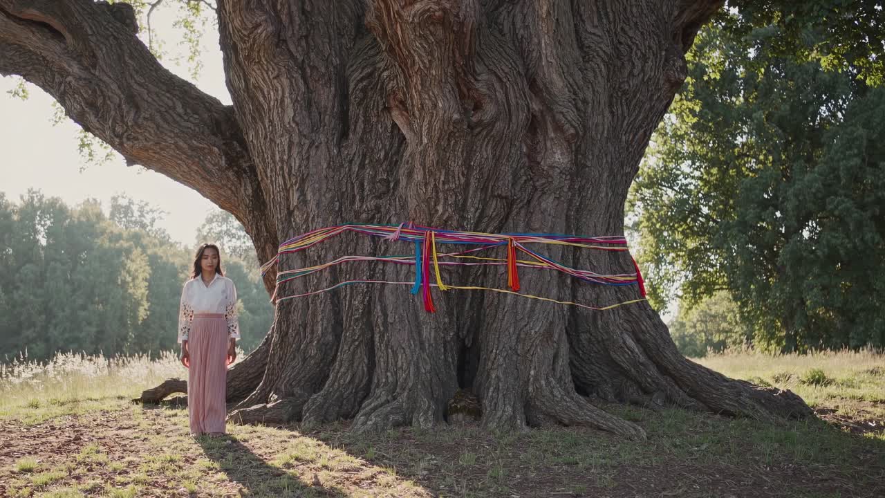Woman standing near a large tree adorned with vibrant ribbons, engaging in a mystical ritual within a serene natural setting, embodying spirituality and connection with nature