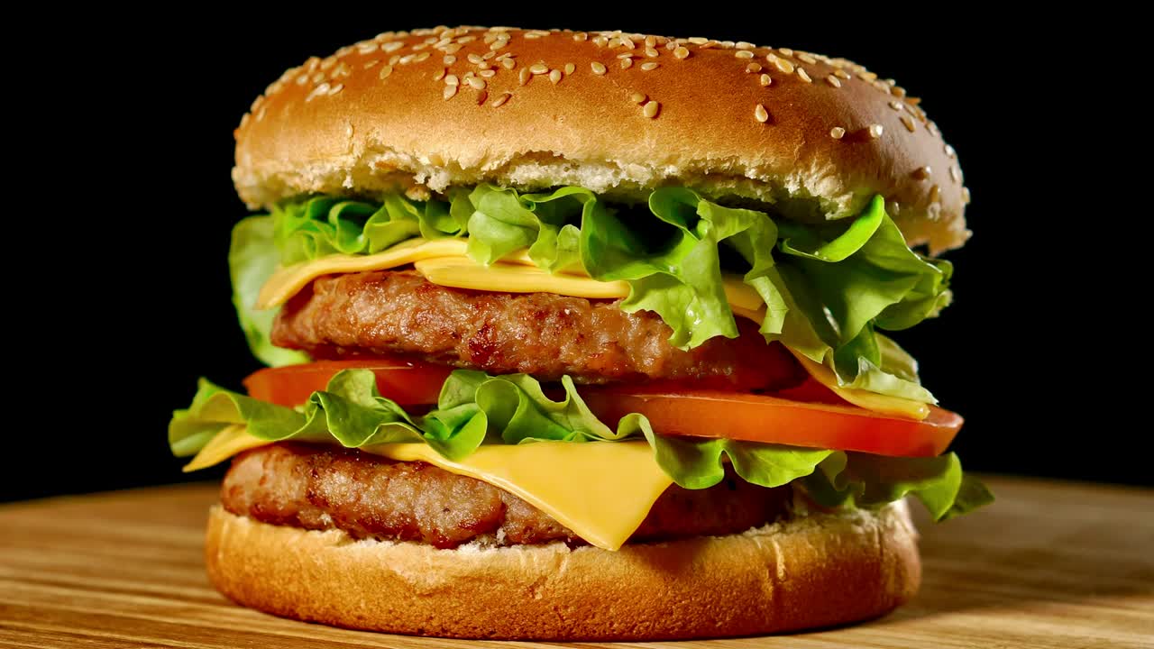 hamburguesa fresca y apetitosa girando sobre un fondo negro.