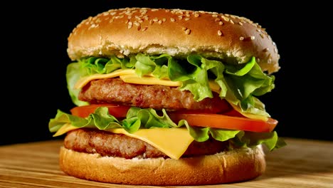 hamburguesa fresca y apetitosa girando sobre un fondo negro.