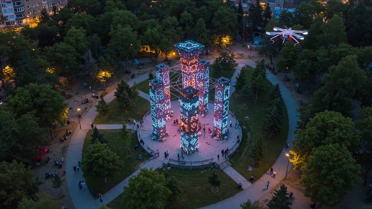 Aerial View of Illuminated Sculpture in Park with Spectacular Light ...