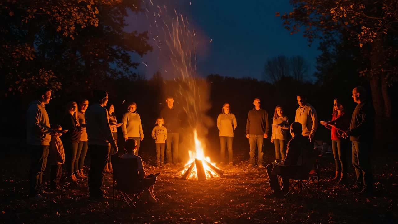 People gathered around a campfire at night