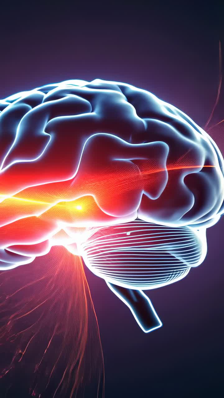 Vertical video: Emerging red-orange neural signal sweeping 3D brain in dark space with sparks