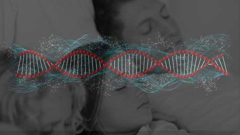 animación de cadena de adn y procesamiento de datos sobre padre caucásico con hijos durmiendo