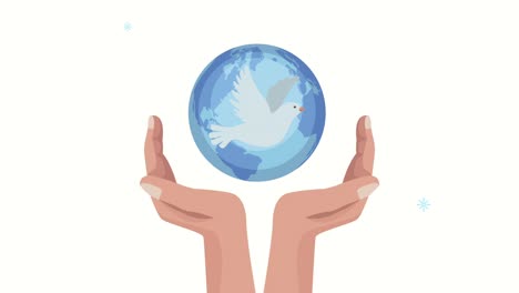 international peace day animation with hands protecting the planet