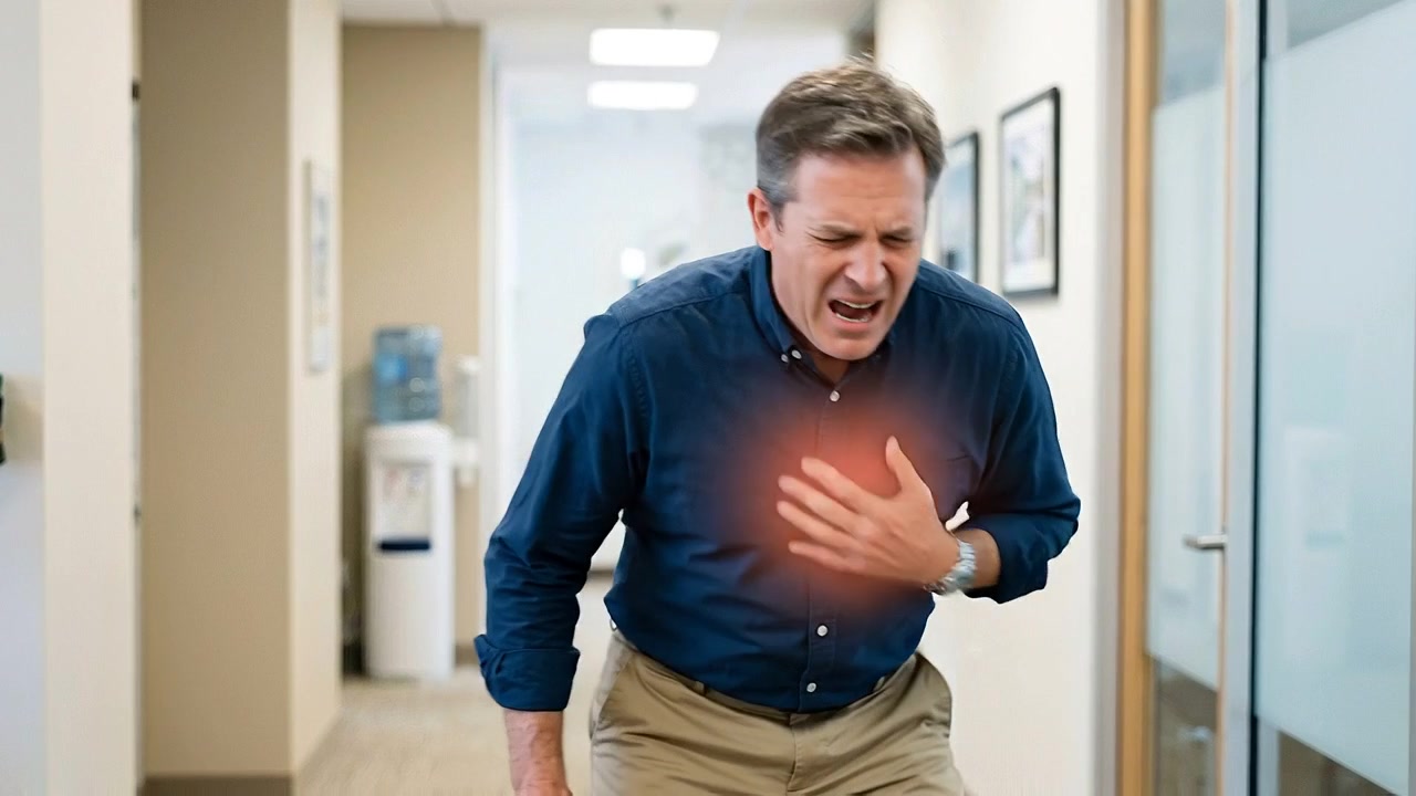 Man clutching glowing chest while standing inside bright medical hallway
