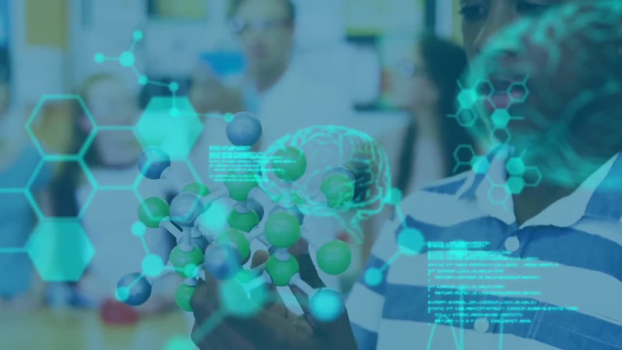 Animation of scientific data processing and human brain over schoolboy in science class