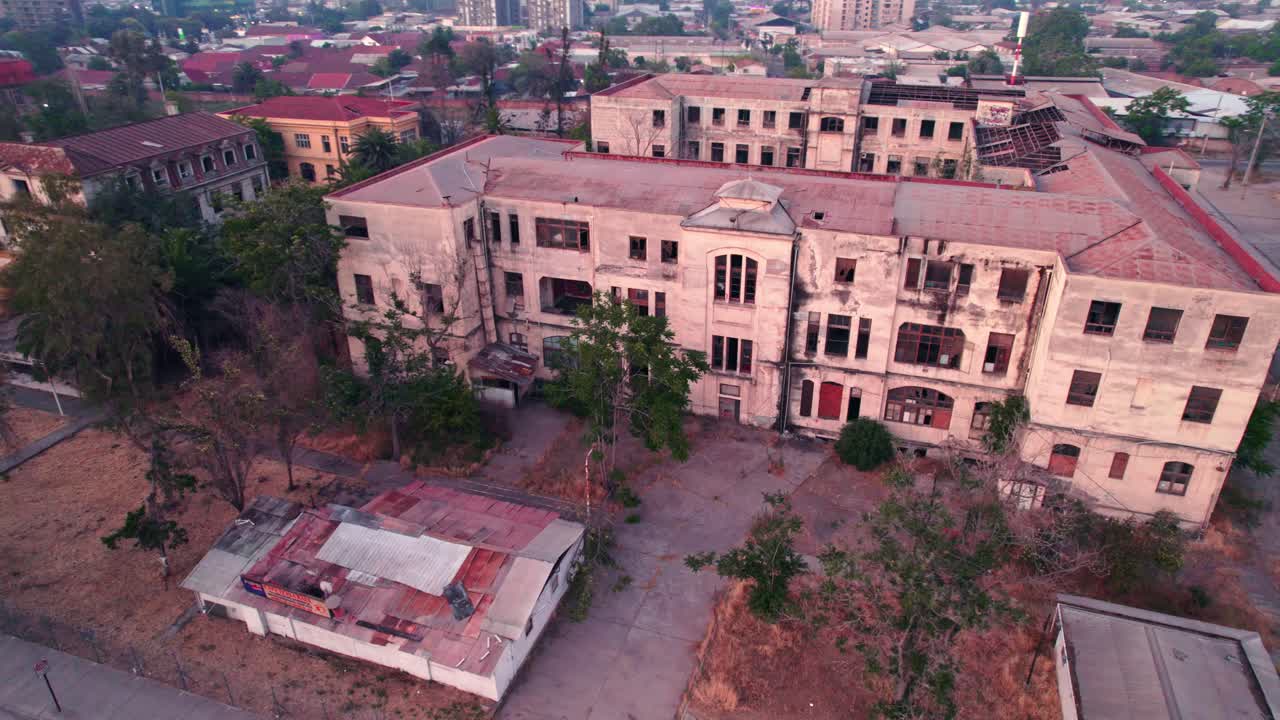 Aerial orbit over the Ex Maternity at the Barros Luco Hospital in Santiago Chile, abandoned since 2010