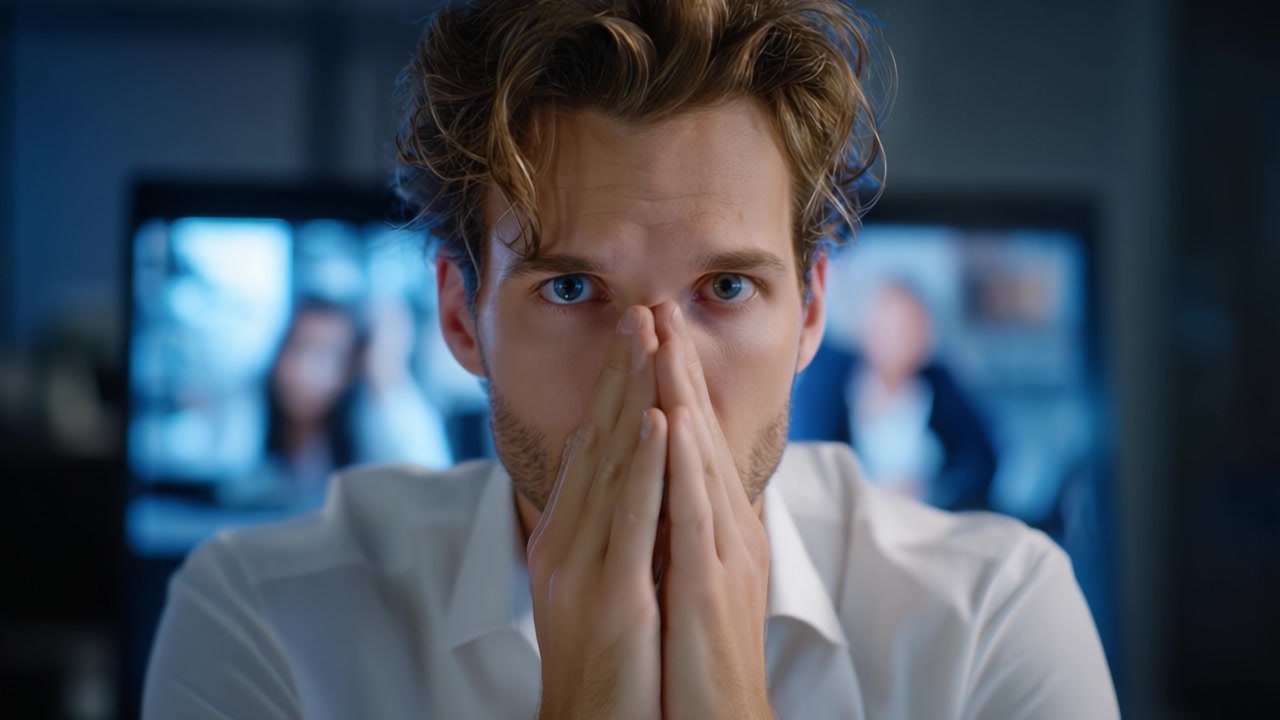 A Young Man in Distress Displays Anxiety While Engaged in a Virtual Meeting, Unable to Focus on Screens Behind Him Showing Others in Discussion