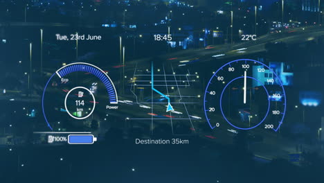 animación del procesamiento de datos del velocímetro de coches eléctricos sobre la ciudad