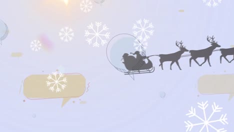 Animation-of-santa-claus-in-sleigh-with-reindeer-moving-over-falling-snow