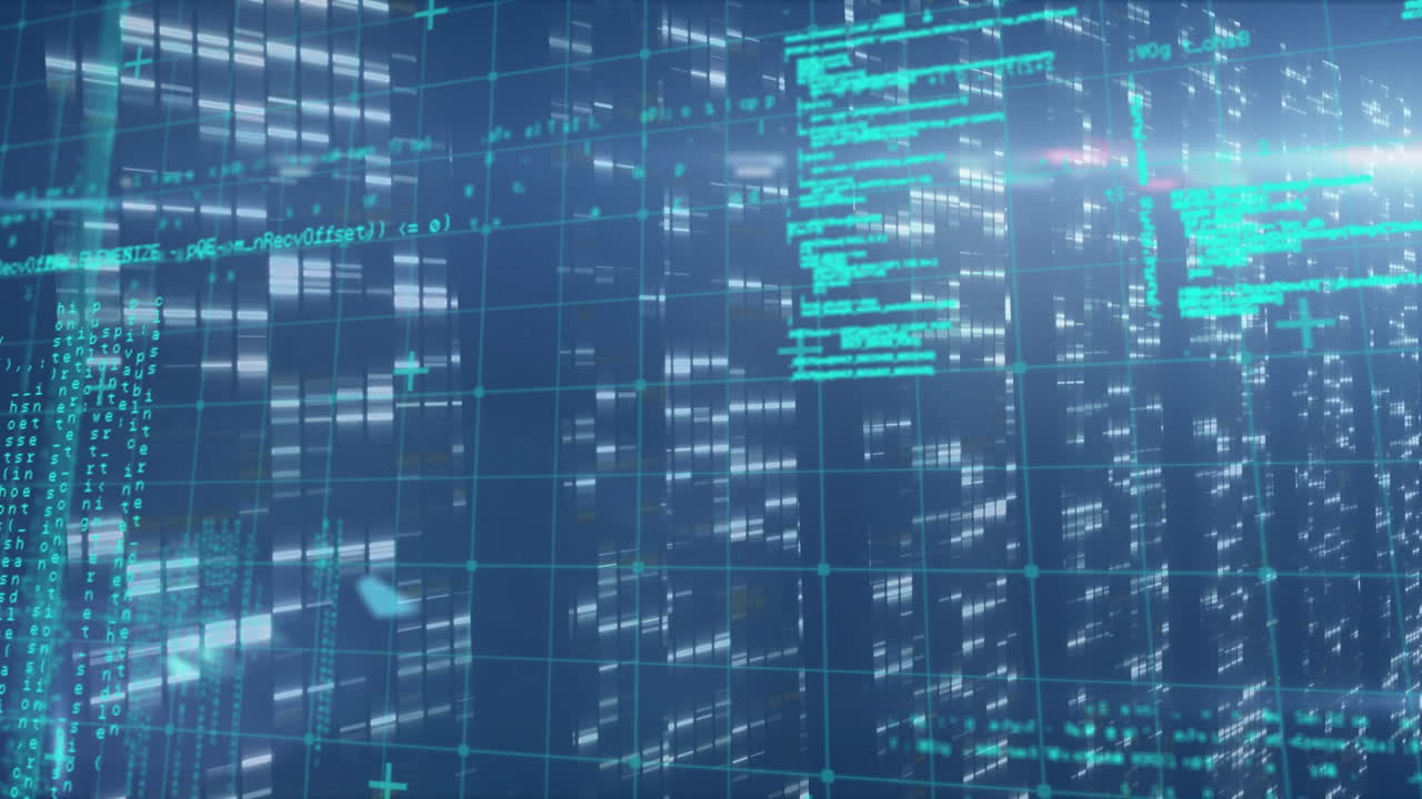 Animation of data processing on navy background with lights