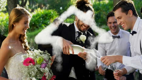 pouring champagne, wedding celebration with happy couple and guests outdoors over animation