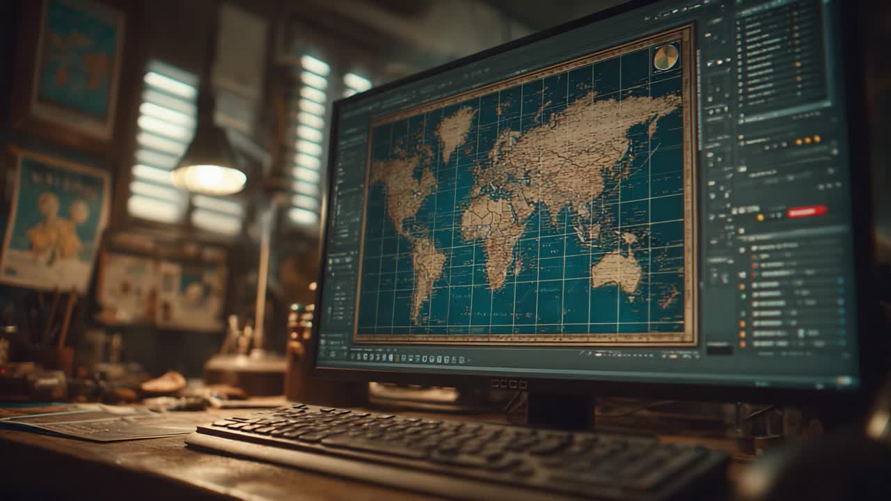 A Detailed Visualization of a Vintage World Map Displayed on a Computer Monitor in a Stylish Workspace, Reflecting a Blend of Technology and Classic Cartography