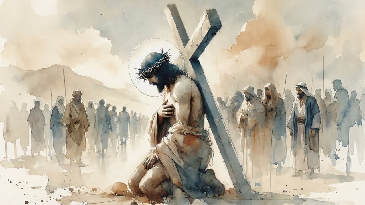 bearded man carrying a large cross and kneeling on a dusty road with a crowd in biblical robes behind