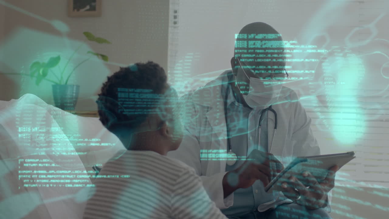 Doctor consulting patient, medical data processing animation over hospital scene
