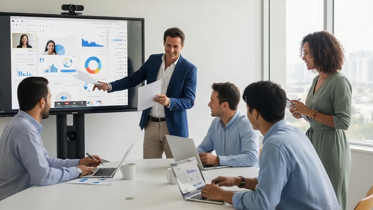 Collaborative Business Presentation in a Modern Conference Room Showcasing Data Visualization and Team Interaction with Engaged Participants and Technology