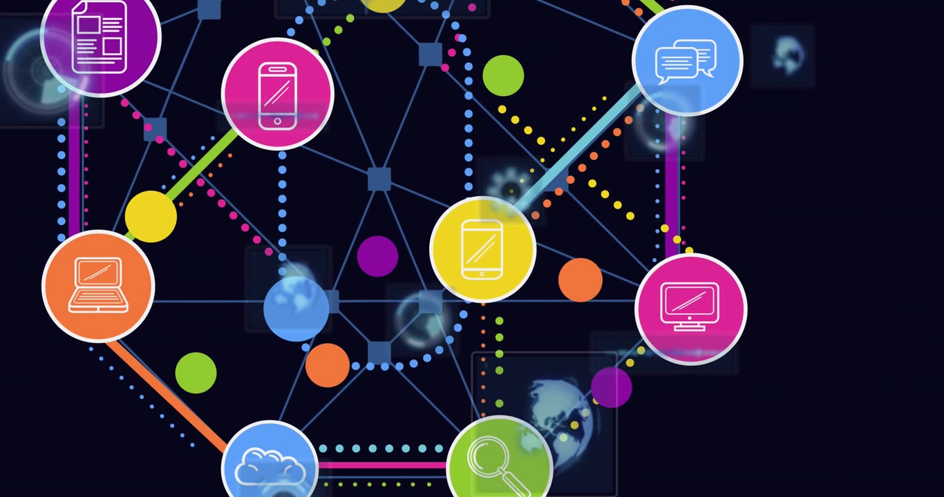 Animation of colorful icons connected and forming hexagon shape over globe, circles and radar