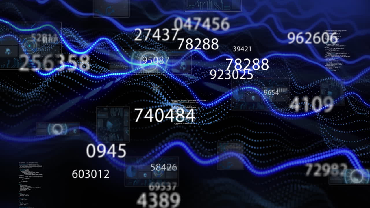 Animation of round scanners, data processing and changing numbers against blue digital wave