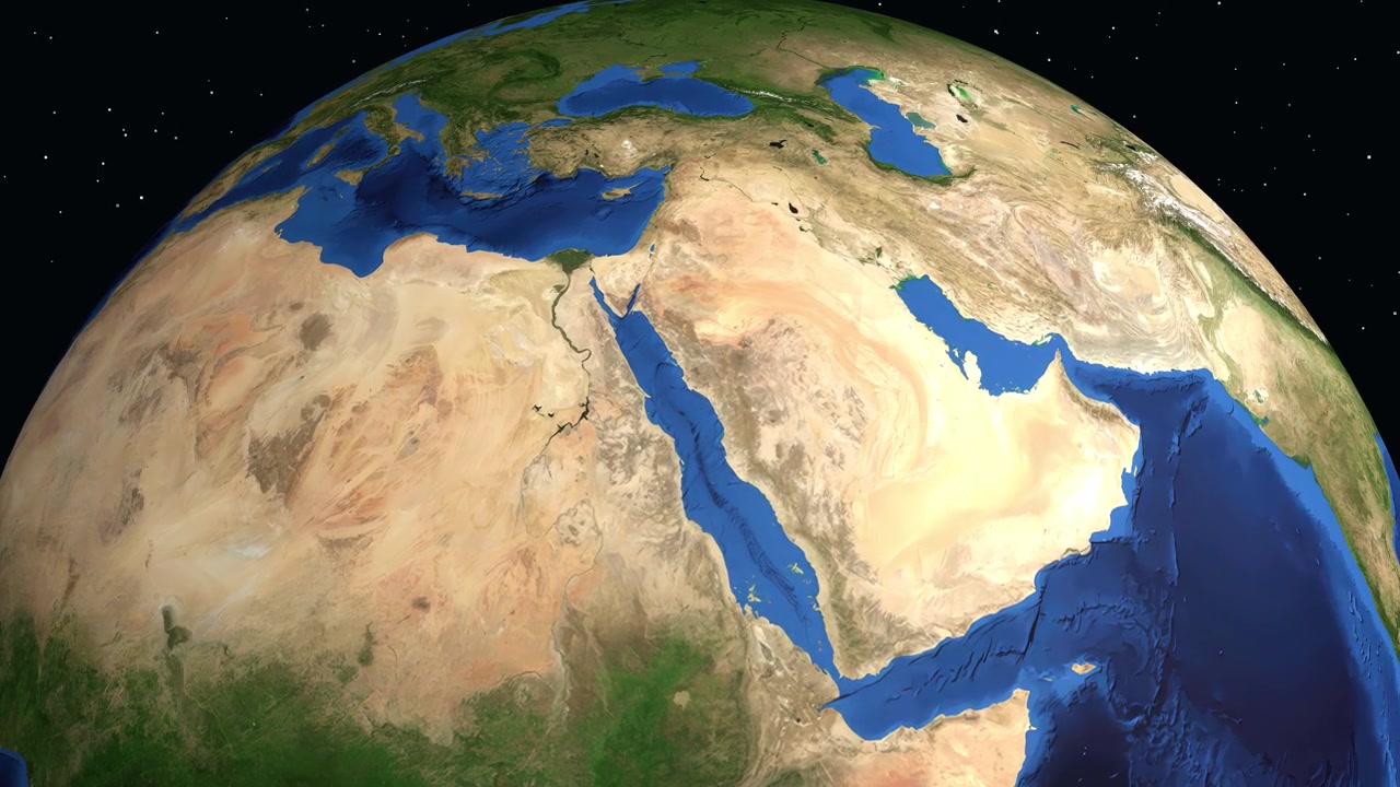 Dijital bir küre dönerek Suudi Arabistan'ın Yanbu şehrine yakınlaşıyor, üzerinde bilgilendirici veri katmanı bulunuyor