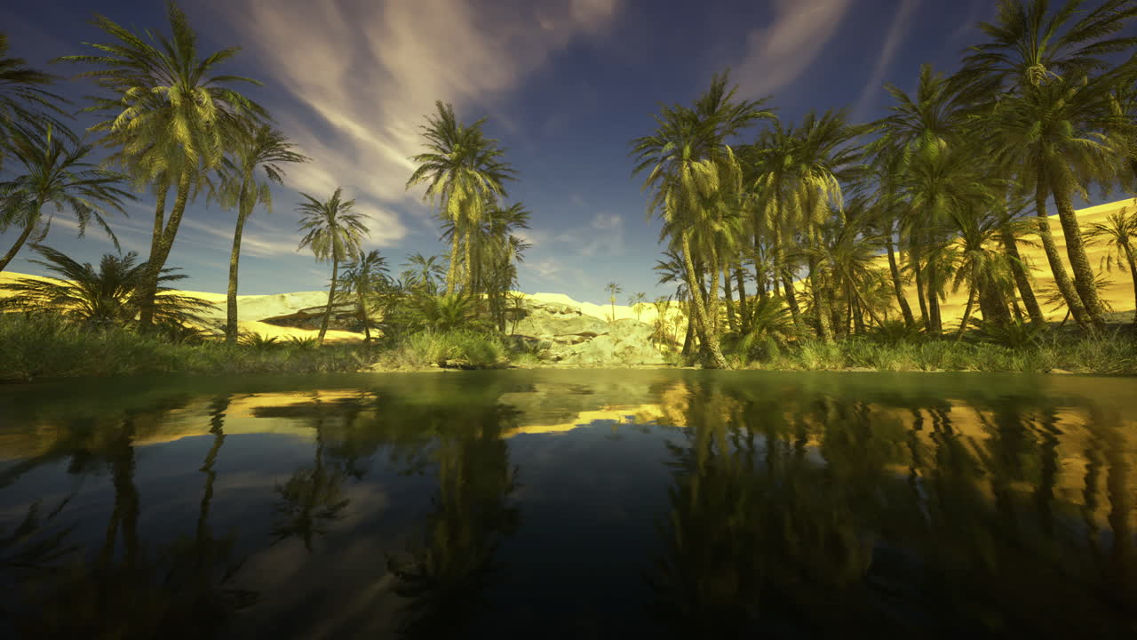Lush oasis surrounded by palm trees with reflections in tranquil water