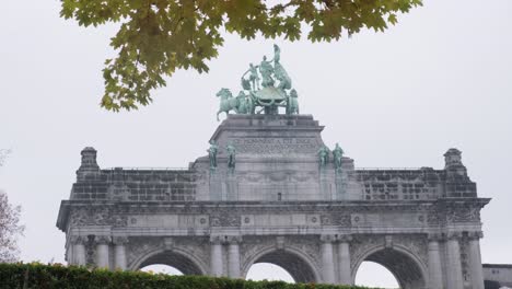 close up triumphal arch at jubelpark in cinquantenaire in brussels city centre - fall season