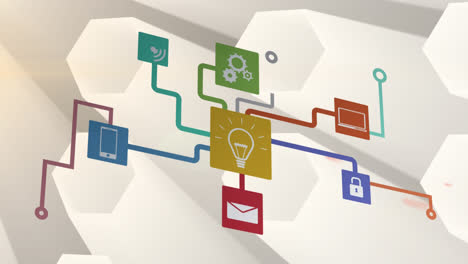 Animation of connected colourful technological icons expanding