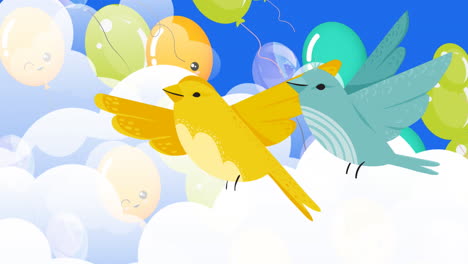 animation of birds icons and balloons over clouds on blue background