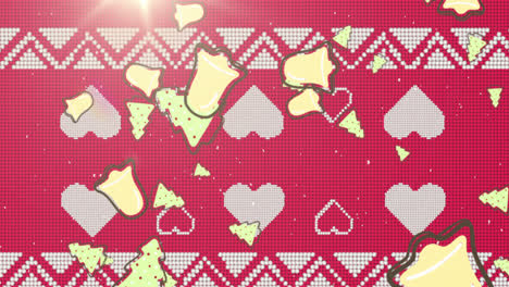 multiple christmas tree and bell icons falling against christmas traditional pattern with hearts