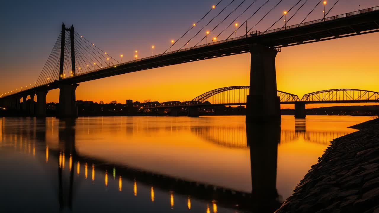 Dramatic Sunset Reflections: A Majestic Bridge View Under Golden Hour Light Capturing the Essence of Tranquility and Urban Beauty Over the Water