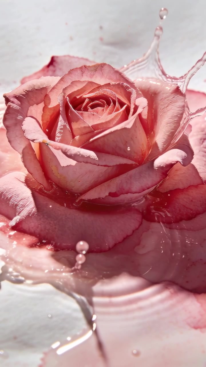 Video verticale: Goccioline che cadono su una pozza rosa attorno a una singola rosa rosa, formando schizzi a corona.