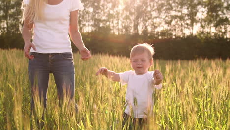 the concept of a happy family. in the rye field, the kid and his mother are fond of smiling at each other in spikelets in the backlight