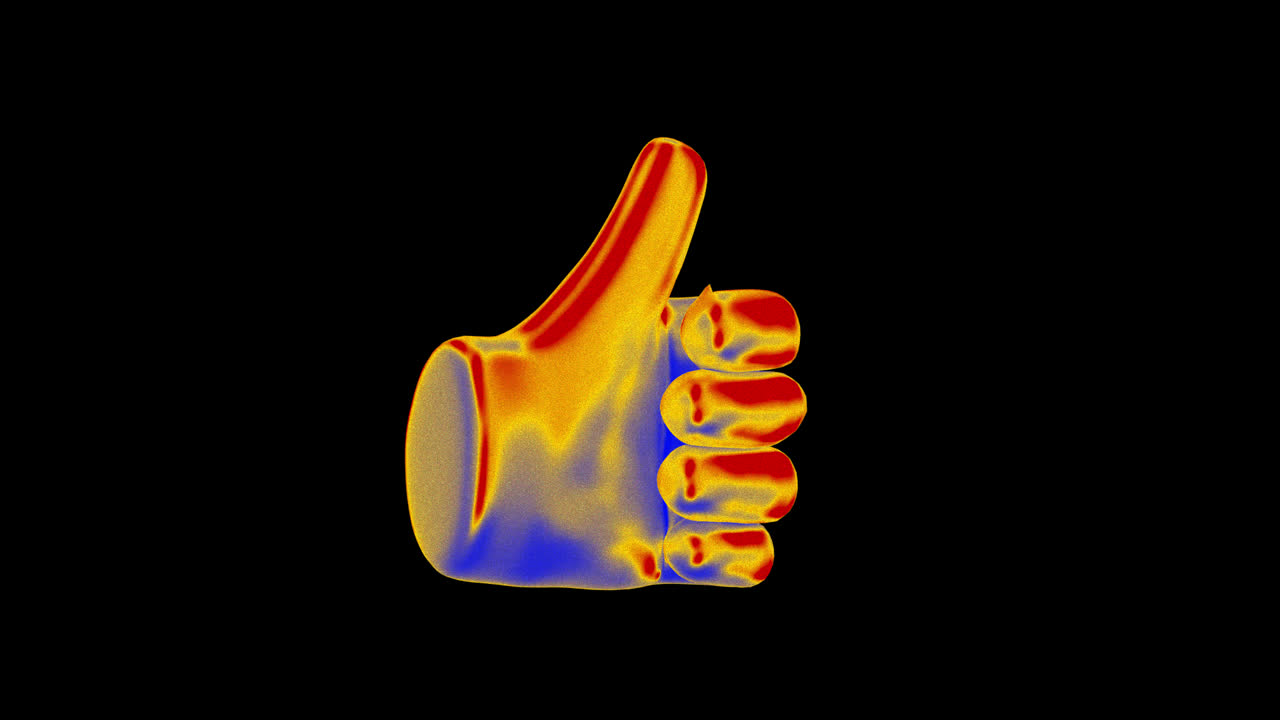 Gesto animato 3D del pollice in su con effetto mappa di calore termica.