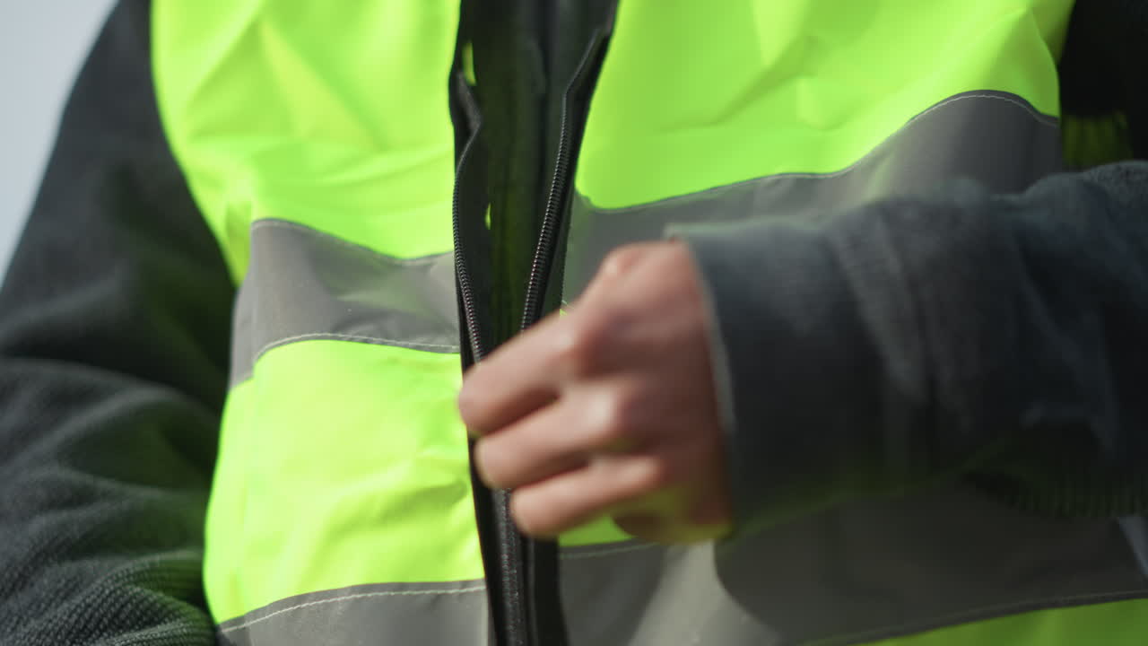 Close-up of neon green reflective safety vest with partially open black zipper, showing stitching, fabric folds, and reflective strip detail, emphasizing workwear design, durability, in outdoor environments