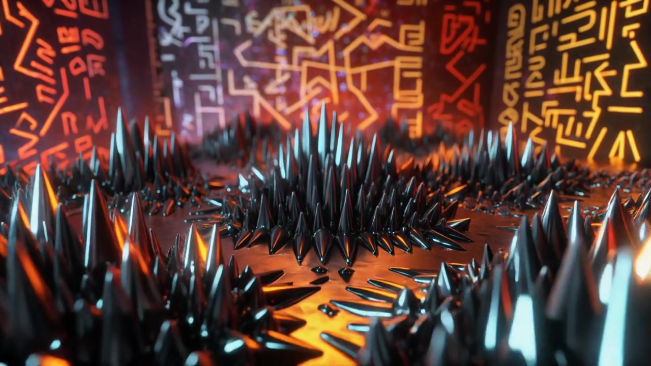 Púas de ferrofluido abstractas moviéndose en un entorno de neón brillante