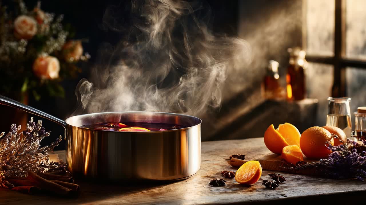 Aromatic Potpourri: Captivating Steaming Citrus Infusion with Spices and Herbs, Creating a Warm Ambiance and Evoking Comforting Wellness in a Beautifully Set Kitchen Scene