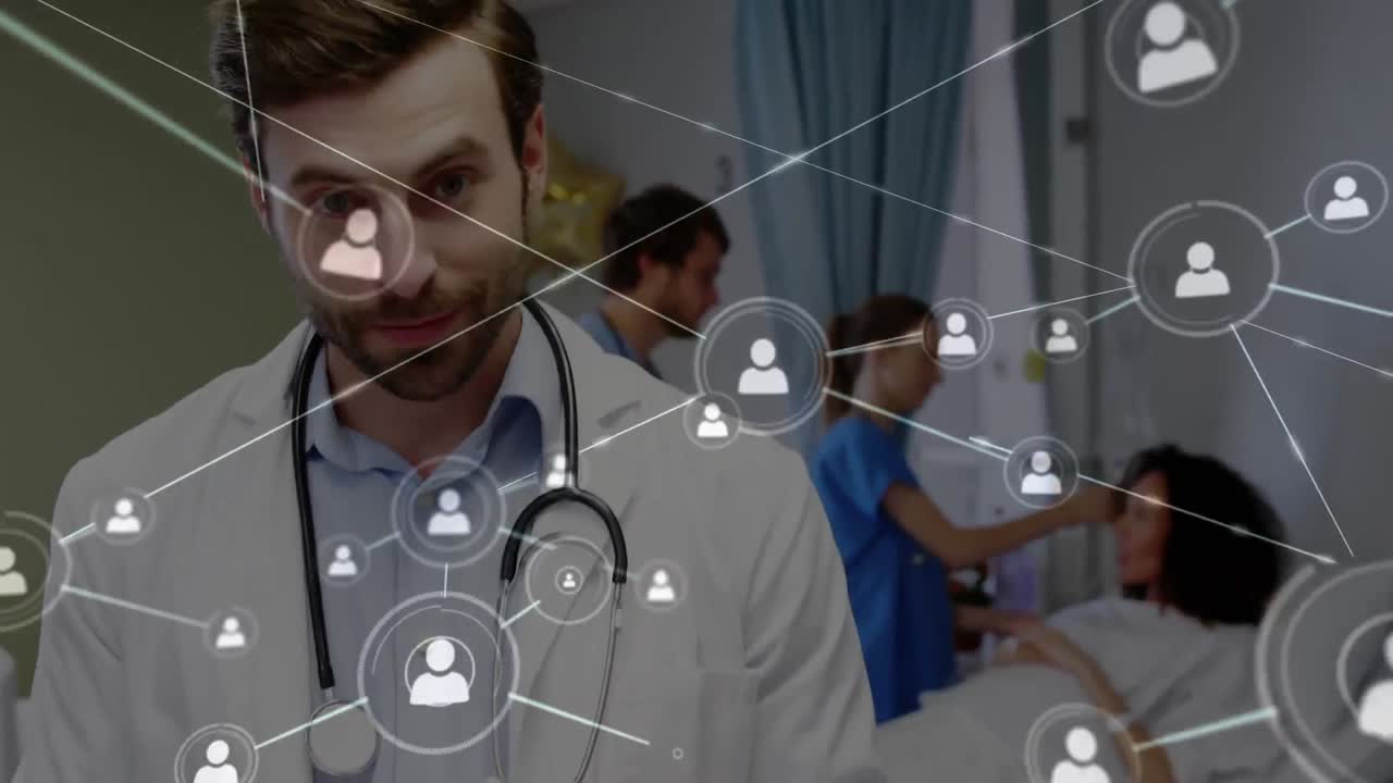 남성과 여성 의료 전문가에 대한 연결 아이콘의 네트워크의 디지털 애니메이션