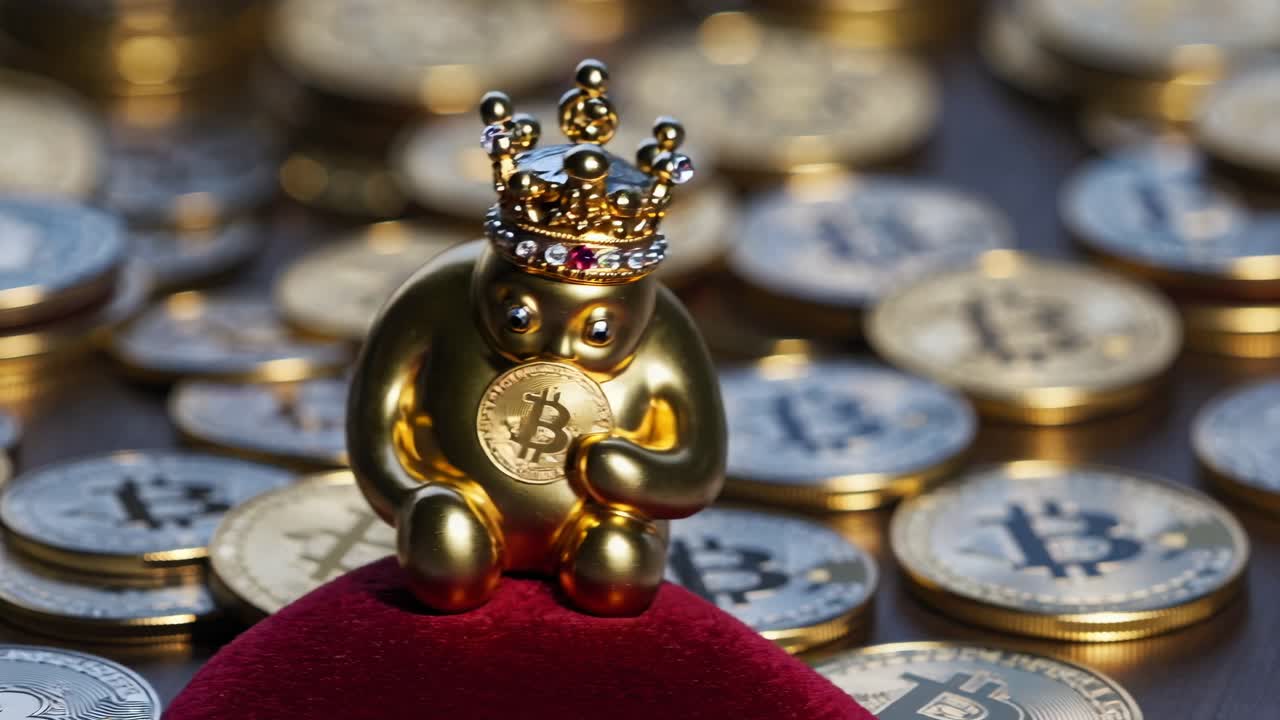 비트코인에 둘러싸인 황금 비트코인의 왕 동상