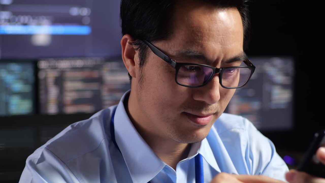 밤에 사무실에서 스마트폰을 보는 남자