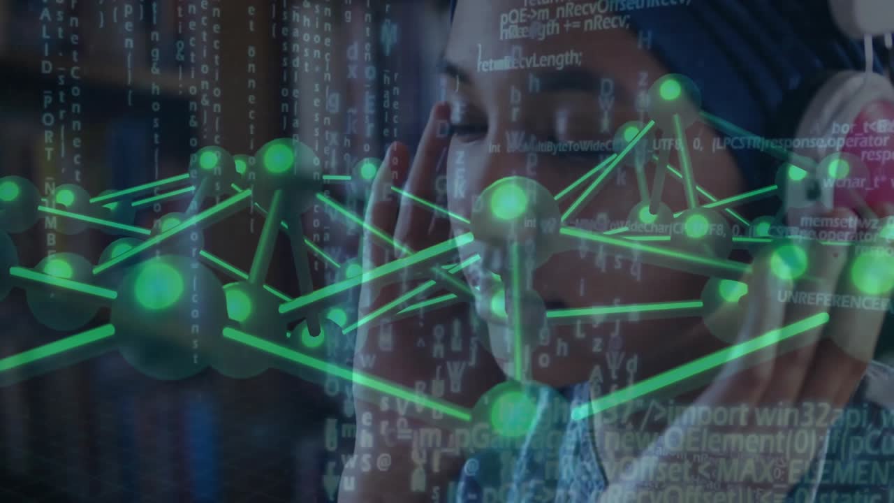 IT researcher contacting holographic network shifting nodes and adjusting headphones for audio feed