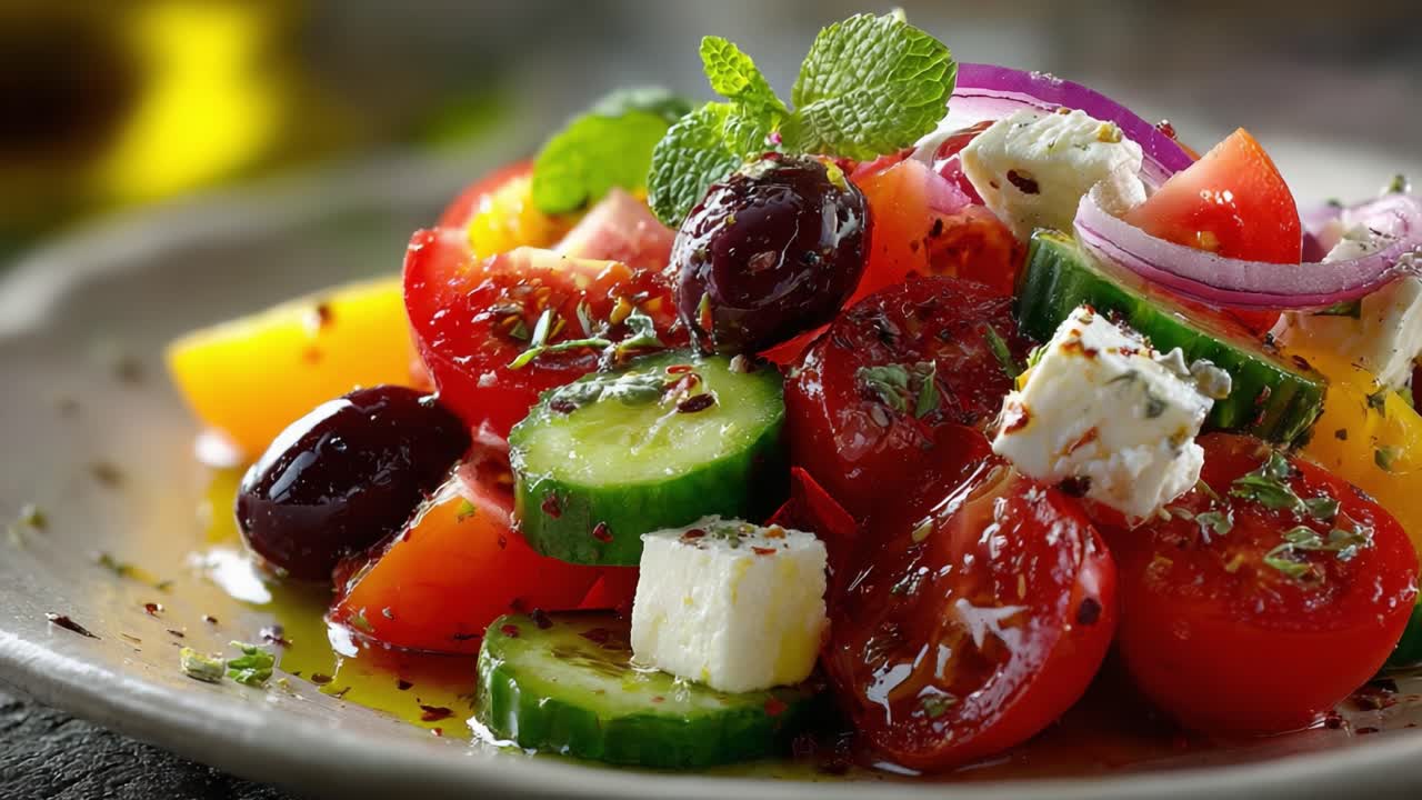 En frisk, blandet salat med cherrytomater, agurker, fetaost, oliven og frisk mynte, dryppet med olivenolje og urte-krydder på et rustikt fat