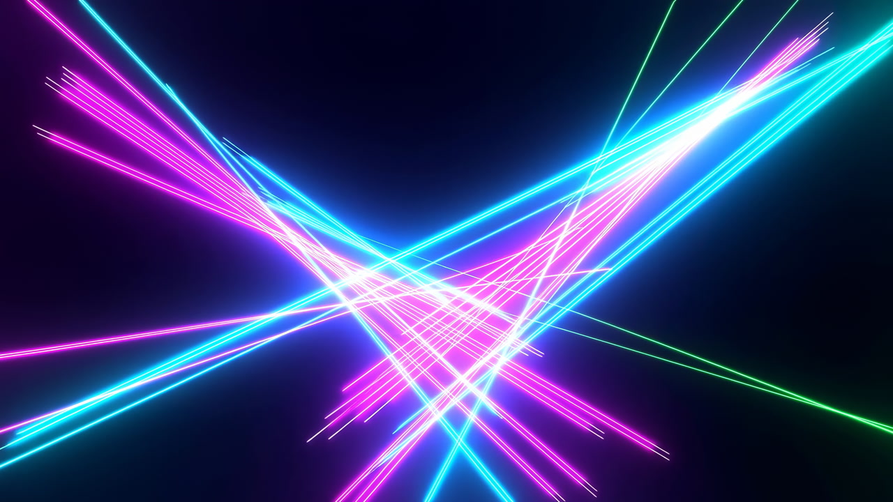 Vibrant Neon Laser Beams Crossing Dark Stage, Cyan Magenta And Green Streaks Slicing Through Smoky Air,
