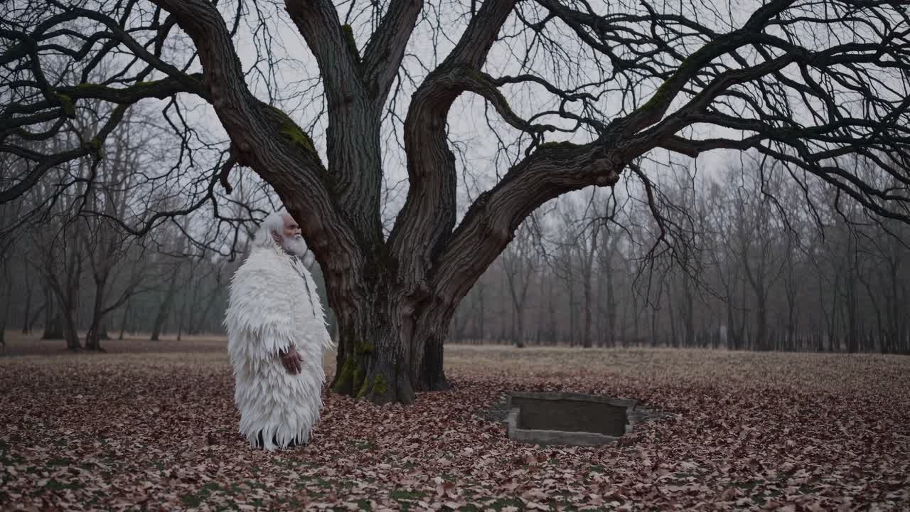 Individual in a white fluffy garment stands beside a large, gnarled tree, surrounded by fallen leaves, creating a serene and contemplative atmosphere in a natural setting