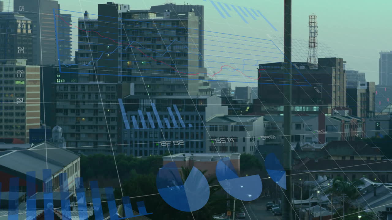 animación del procesamiento de datos financieros sobre el paisaje urbano
