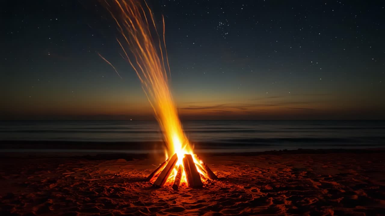 A Serene Beach Campfire Glows Under a Starry Sky as Sparks Dance into the Night, Creating a Warm Atmosphere Perfect for Evening Gatherings and Reflection