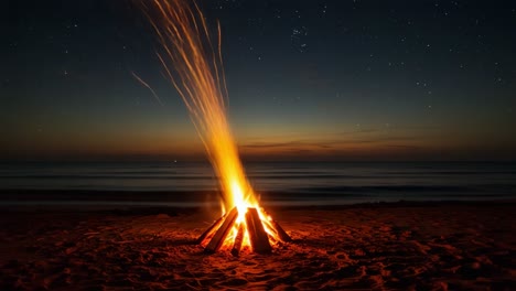 a serene beach campfire glows under a starry sky as sparks dance into the night, creating a warm atmosphere perfect for evening gatherings and reflection