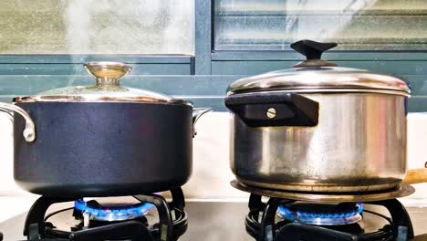 two pots on the hob, cooking on a gas stove