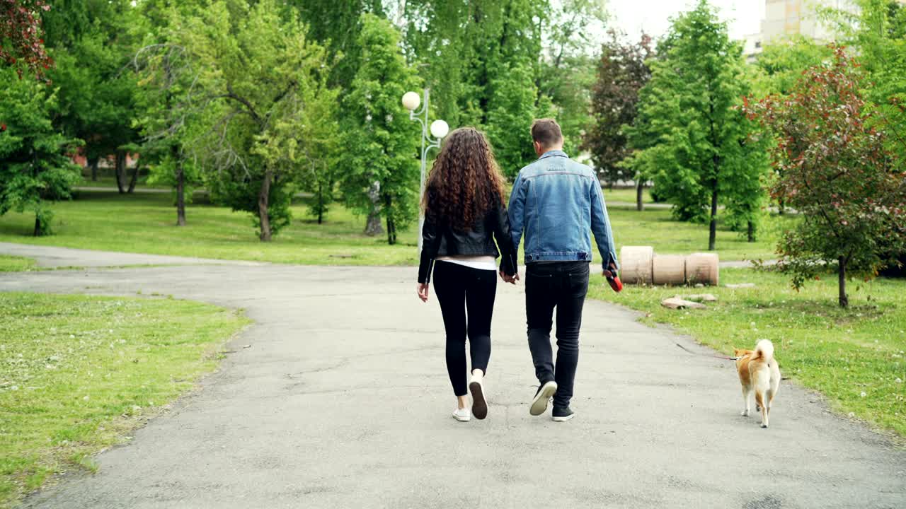 vista trasera de jóvenes novia y novio paseando el perro en el parque de la ciudad en verano, hombre y mujer se toman de la mano, mascota está corriendo disfrutando de la libertad.